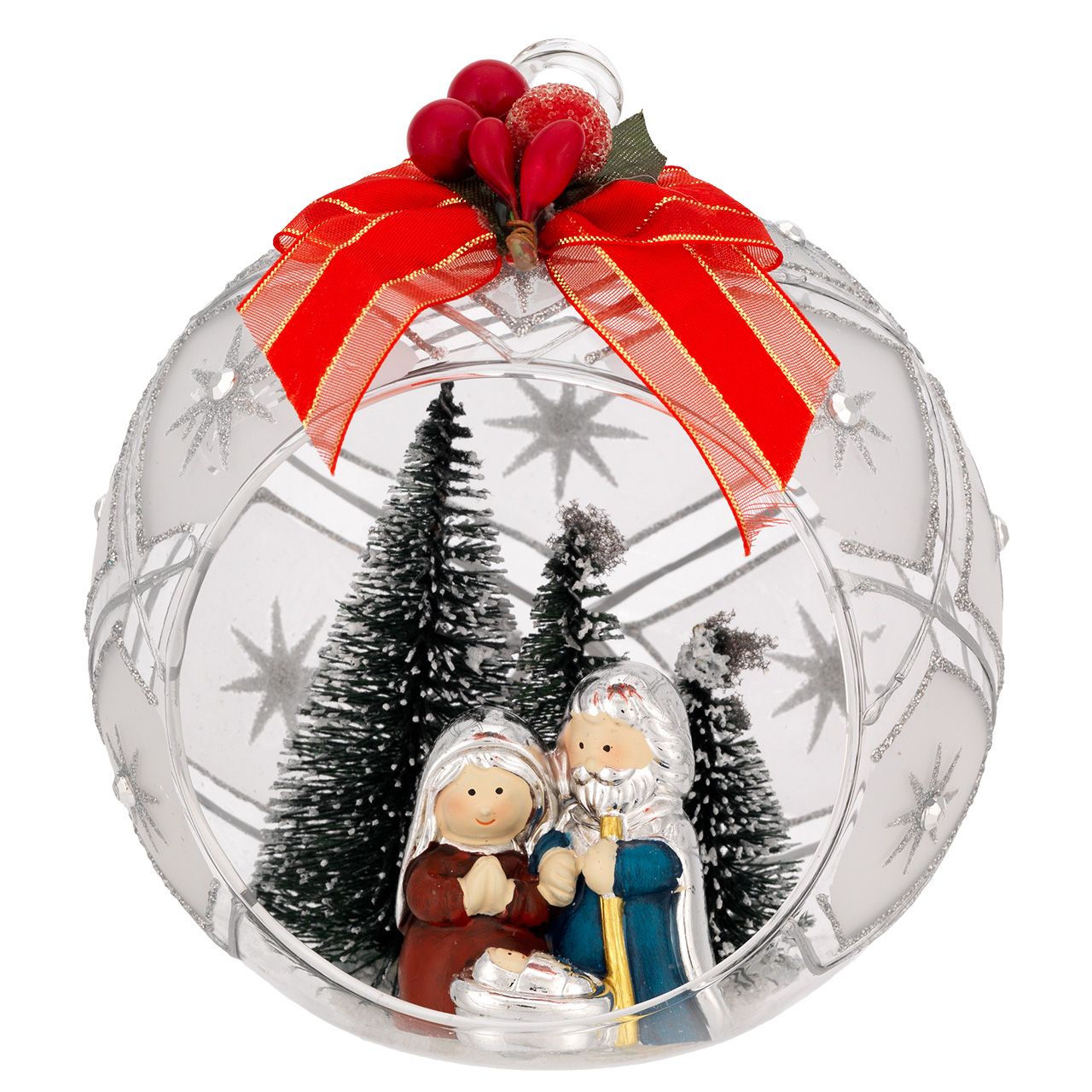 SFERA APERTA DECO ARGENTO D. 120 CON ALBERELLI E PRESEPE H. 55